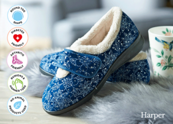 A pair of blue floral strapped slippers