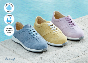 A trio of pastel trainers in a row next to a pool