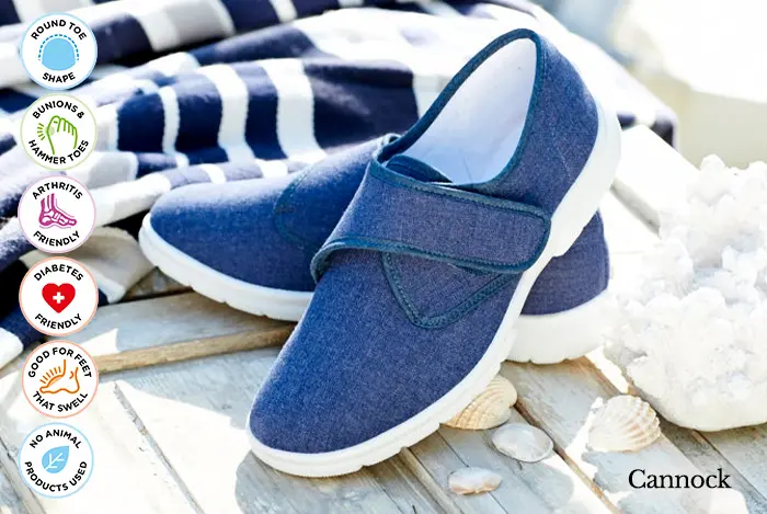 A pair of blue strapped canvas shoes on decking