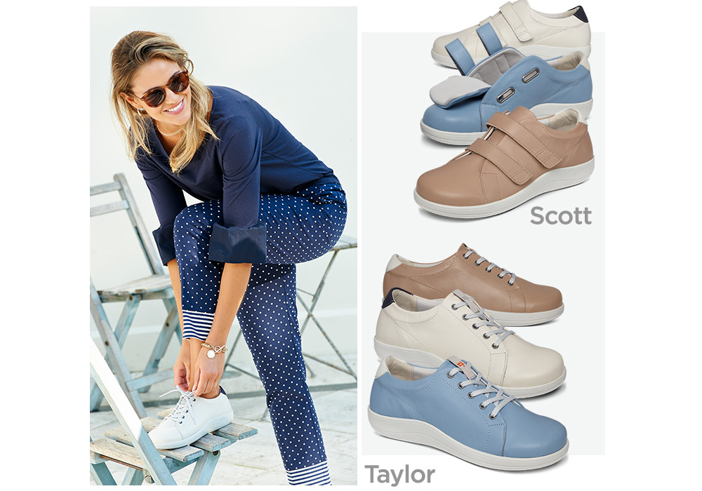 A woman putting on trainers and a collection of different trainers