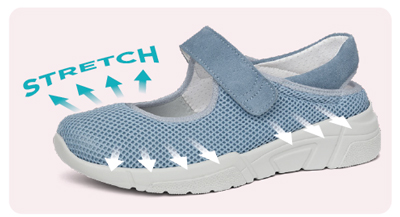 A blue shoe with stretch text overlaid