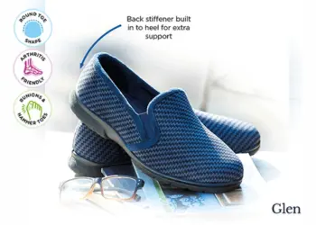 A pair of blue slippers with some text overlaid