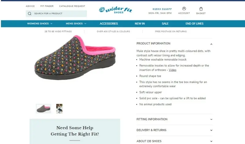 Screenshot of website product page