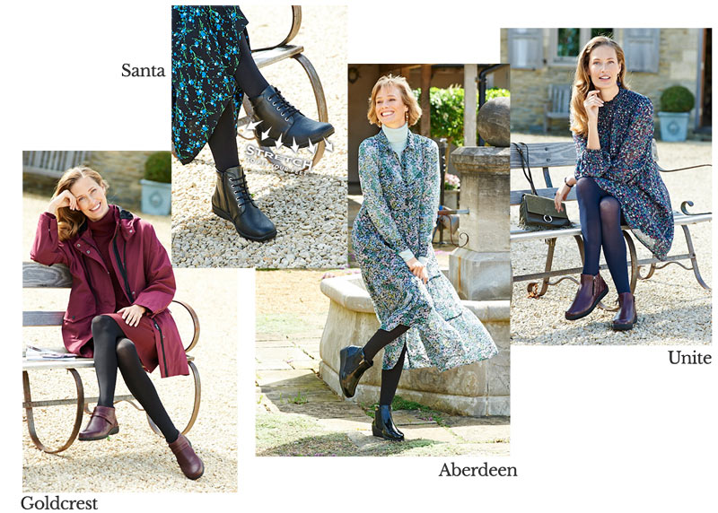 Collage of women wearing boots with dresses