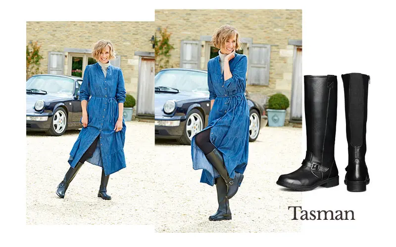 Images of a woman wearing black boots and blue dress
