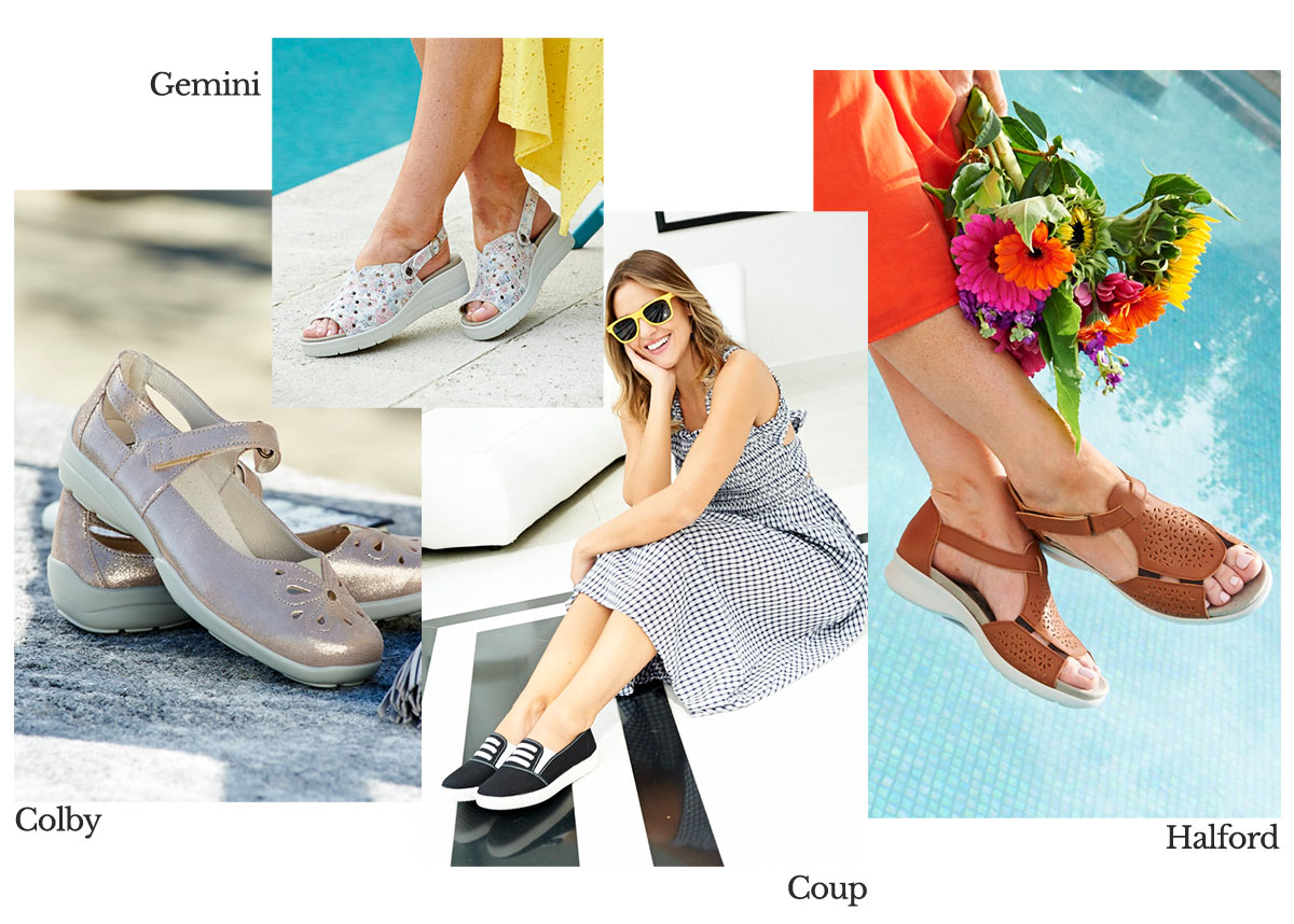 A group of women wearing summer shoes