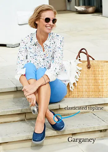 A woman sat on steps wearing blue shos