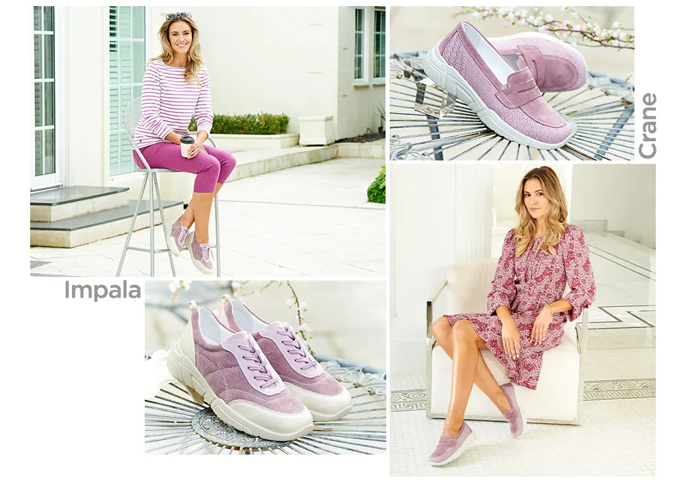 A collection of shoes and women wearing shoes