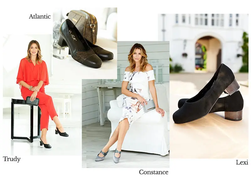 A collage of women wearing dress shoes