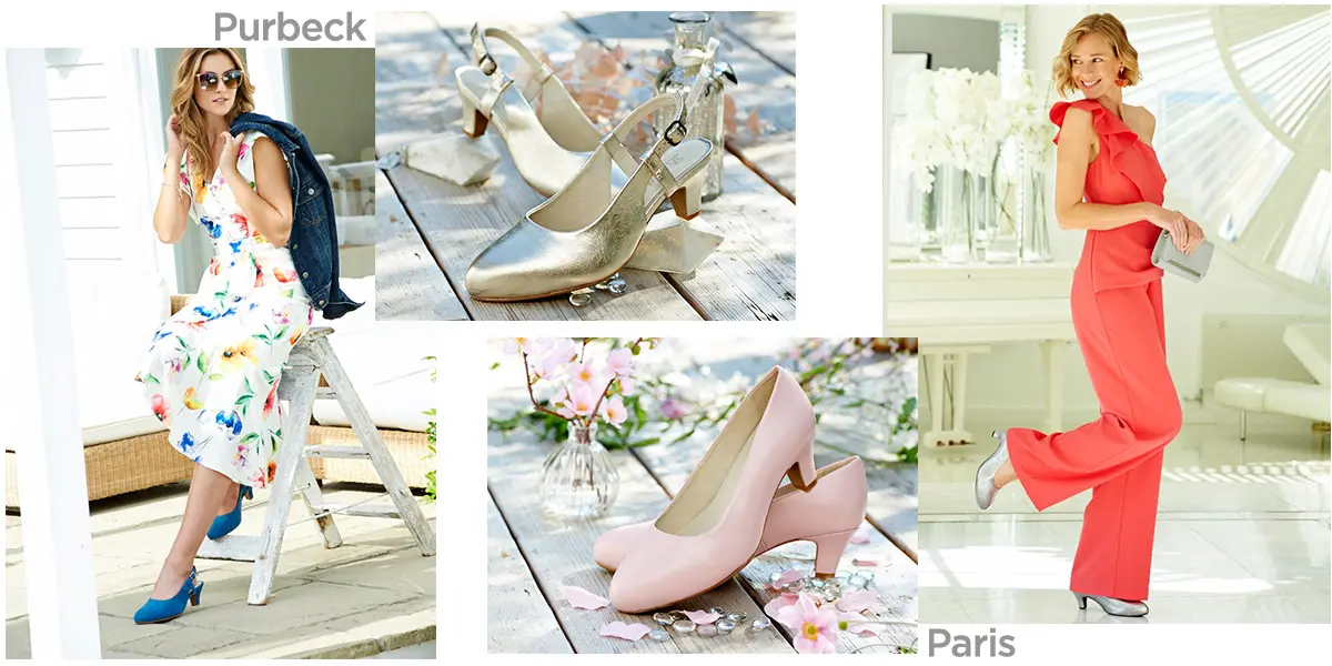 A collection of shoes and women wearing pointed toe shoes
