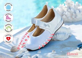 A pair of white strap trainers next to a pool