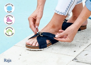 A woman putting on a sandal next to a pool