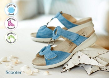 A pair of blue sandals on a table