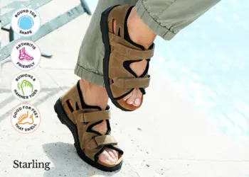 Someone wearing a pair of strapped sandals
