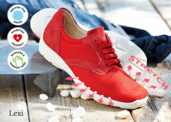 A red trainer with a stretch icon on