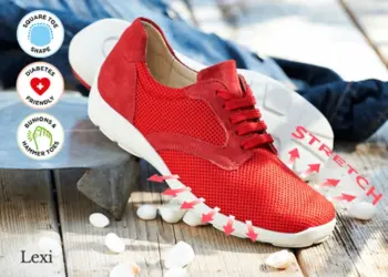 A red trainer with a stretch icon on