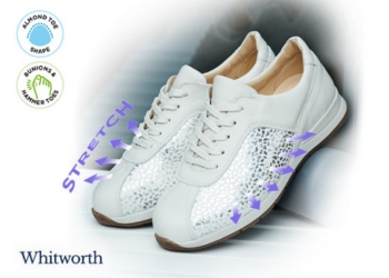 A pair of white trainers with stretch icons overlaid