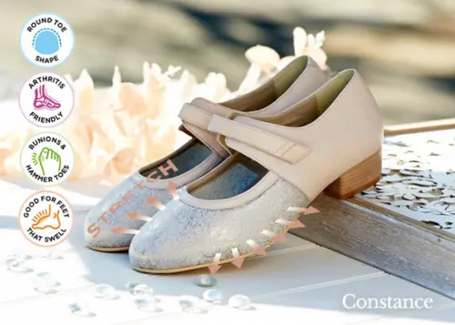 A pair of beige court shoes on a table