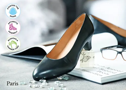 A pair of women's black court shoes on a book