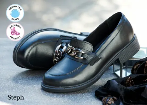 A pair of women's black shoes on a table