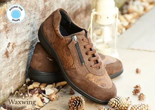 A pair of women's brown shoes against a wall