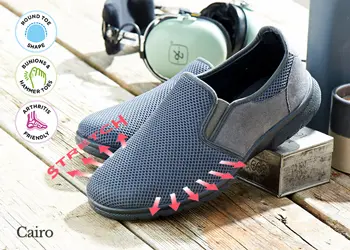 A pair of blue canvas shoes with a stretch icon
