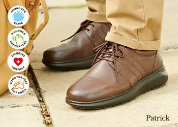 Someone standing in a pair of brown shoes