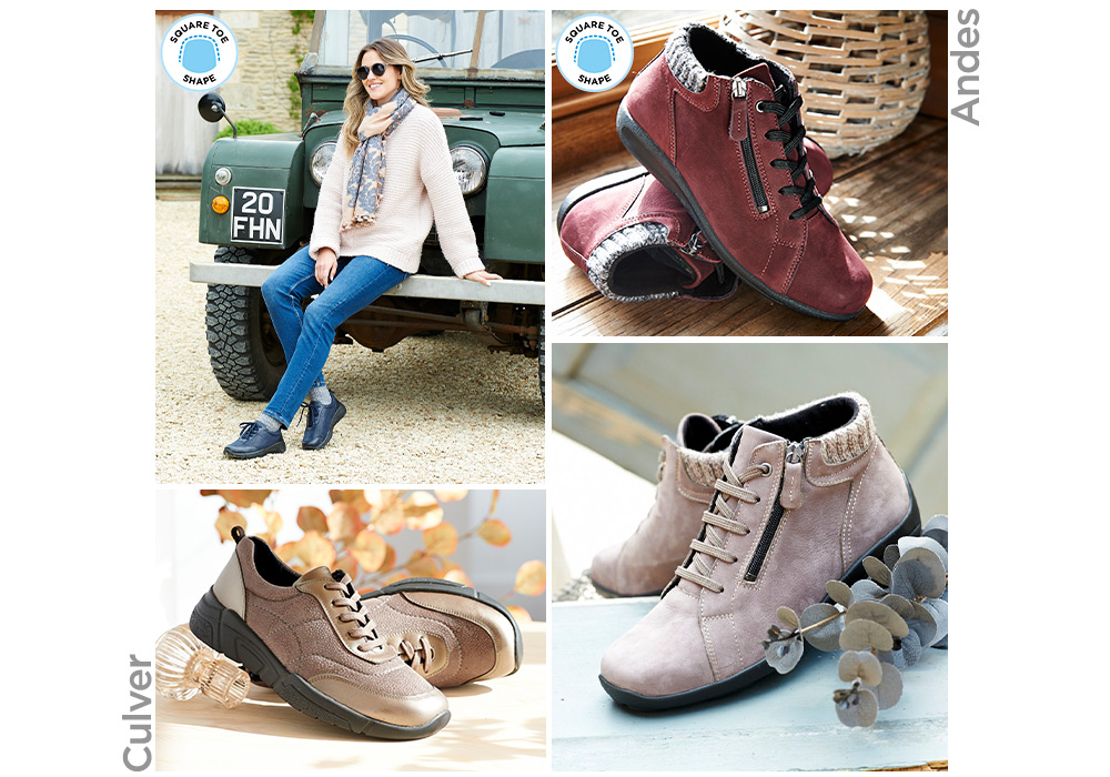 A montage of different shoes and boots and a woman