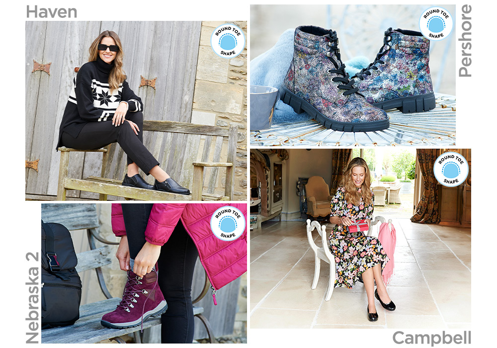 A montage of shoes, boots and women wearing them