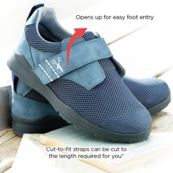 A pair of blue trainers with overlay text