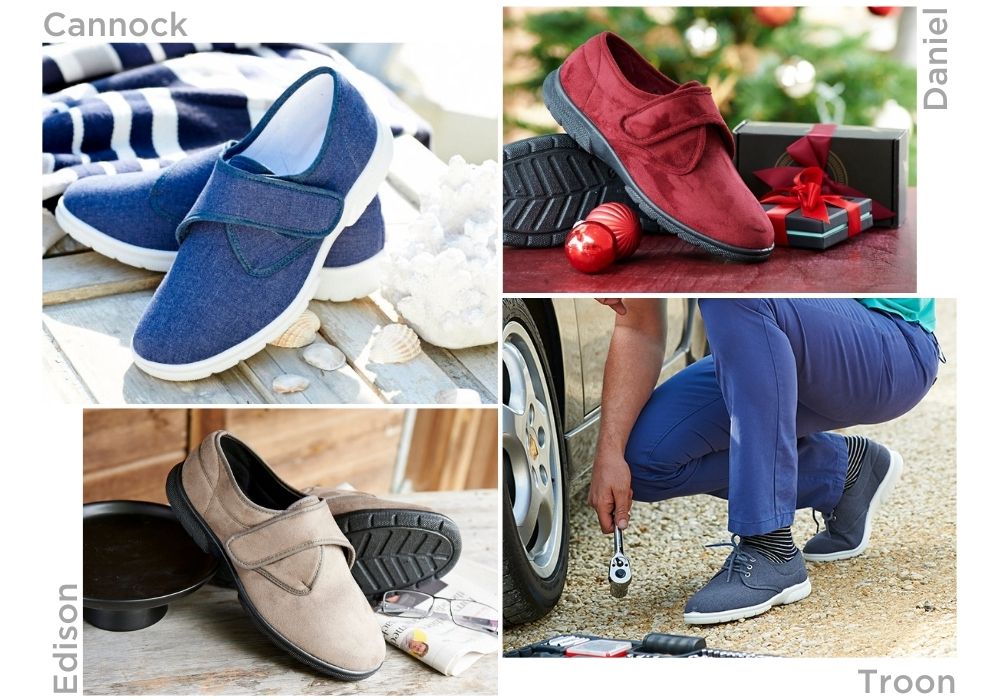 A montage of mens canvas shoes and slippers