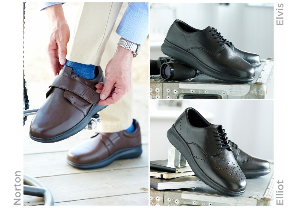 A montage of men's shoes of different fastenings