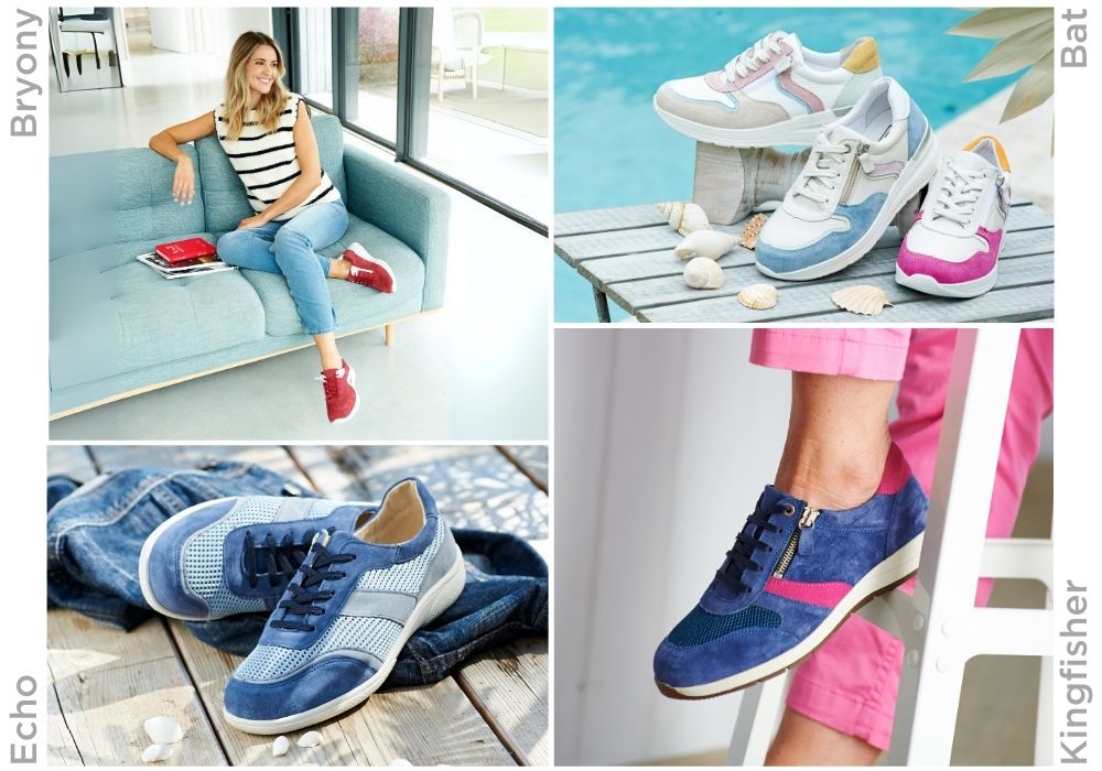 A montage of a woman sat on a sofa and trainers