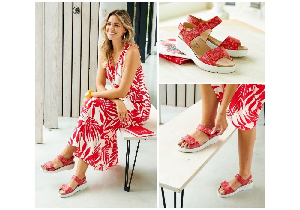 A montage of a woman in a red dress and red sandals