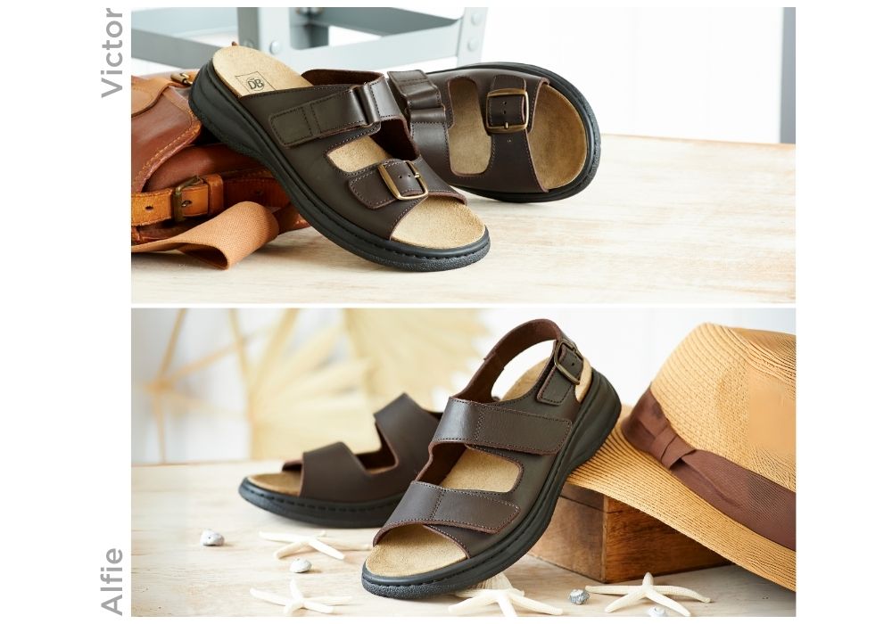 a montage of two pairs of brown men's sandals on a table with a hat