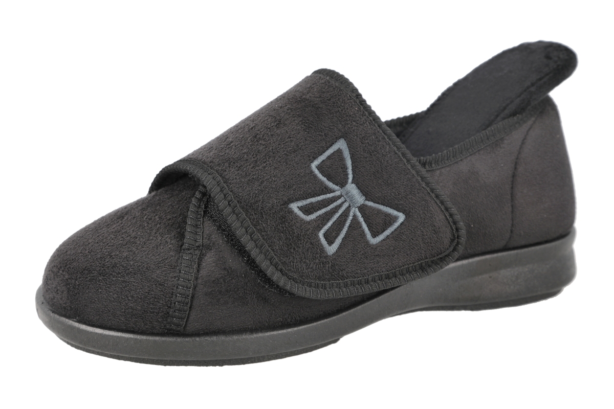A black strap house shoe with the insole poking out