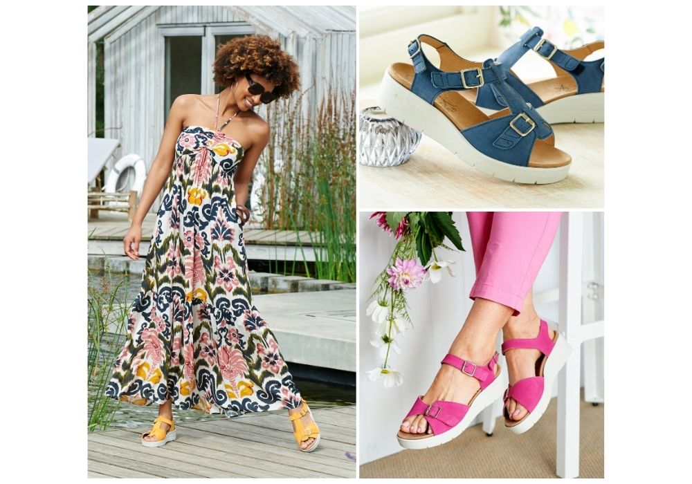 A montage of a woman in a dress and a mix of sandals