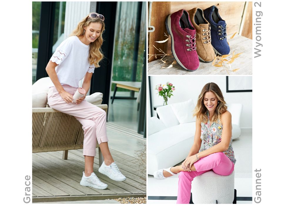 A montage of 2 women sat in summer clothing and a trio of walking shoes in different colours