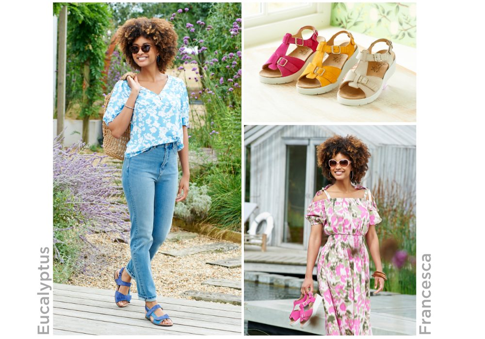 A montage or 2 women in summer clothing and a trio of different coloured strap sandals in a row