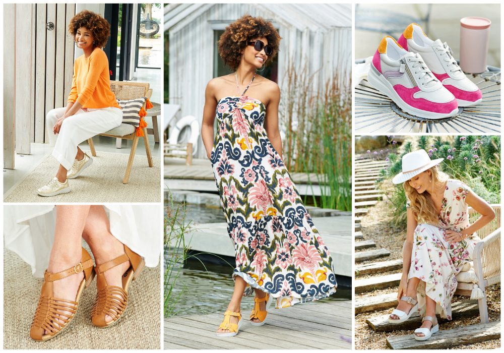 A montage of women in summer clothing and shoes