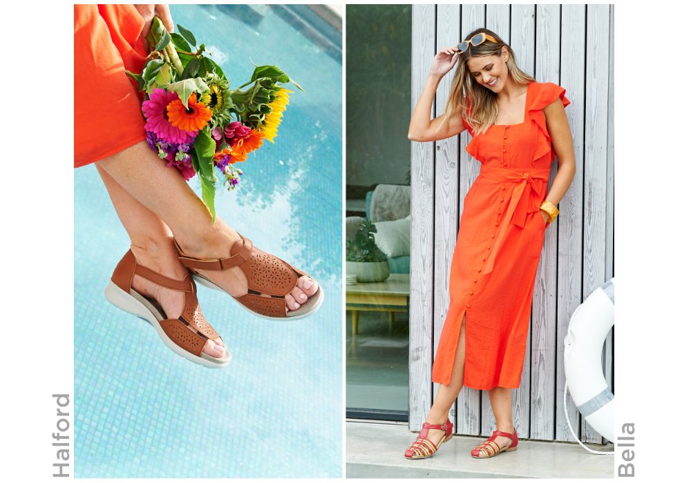 2 images of a women in an orange dress wearing brown sandals and holding flowers over a pool
