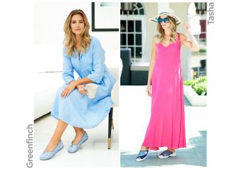 Two women in dresses wearing slippers