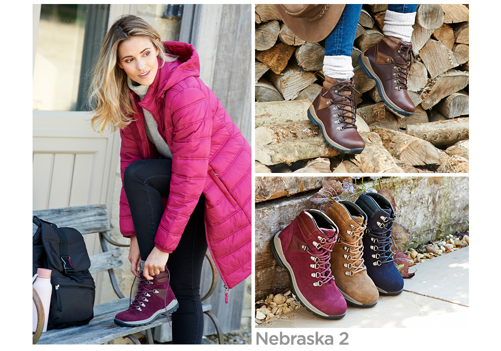 A montage of a woman wearing walking boots