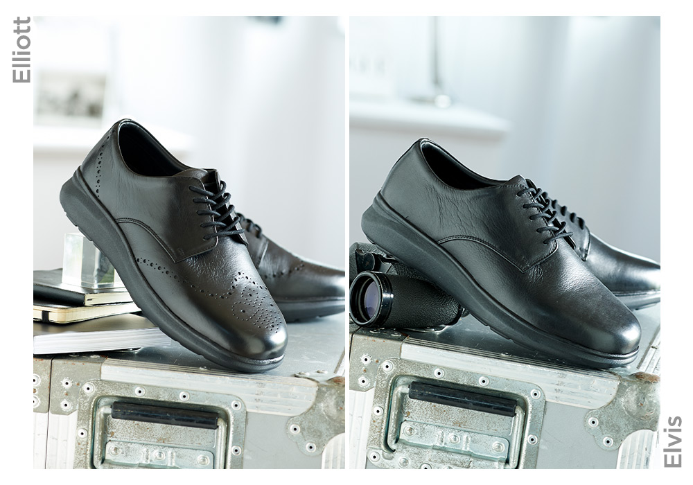 Two pictures of a pair of mens black shoes