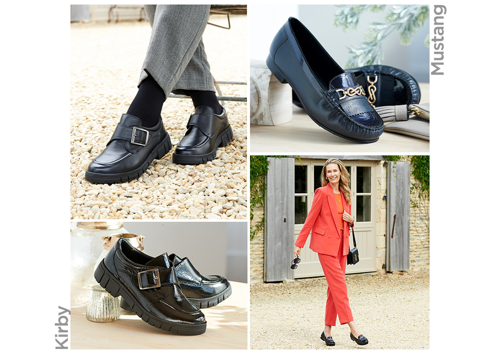 A collection of loafer style shoes and a women in a red suit