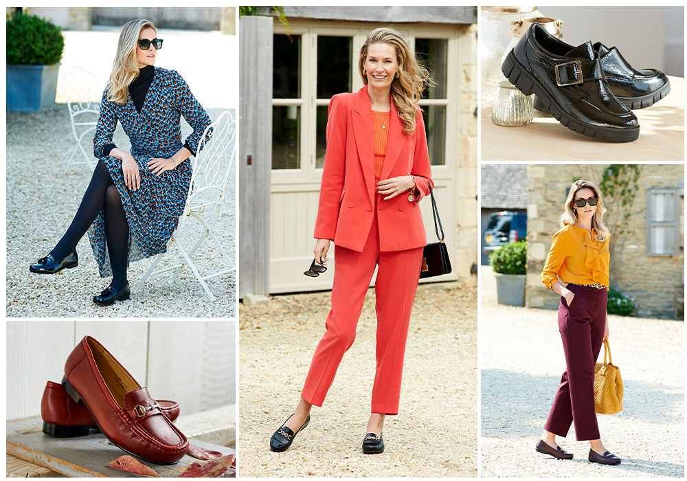 A montage of women in various clothing and pairs of loafers