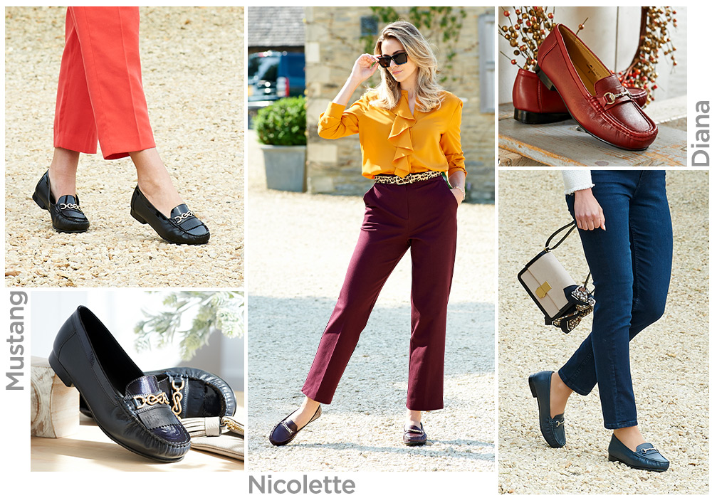 A montage of women in various clothing and pairs of loafers