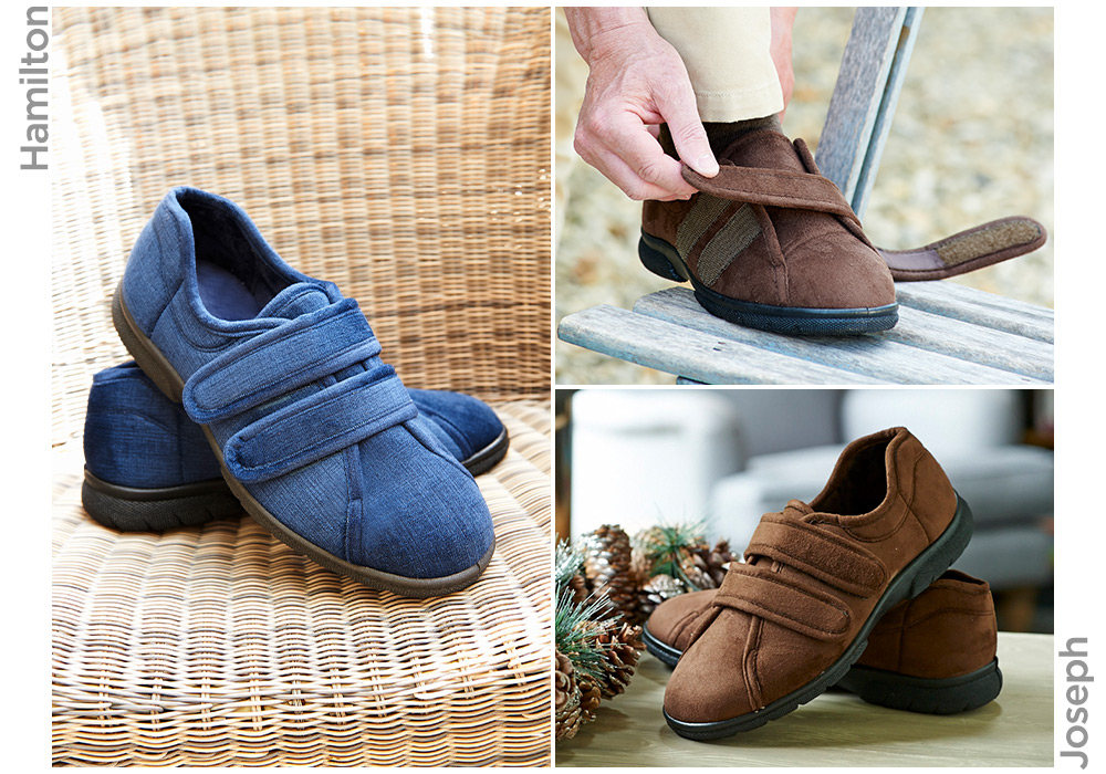 A trio of images of slippers with straps and someone doing one strap up