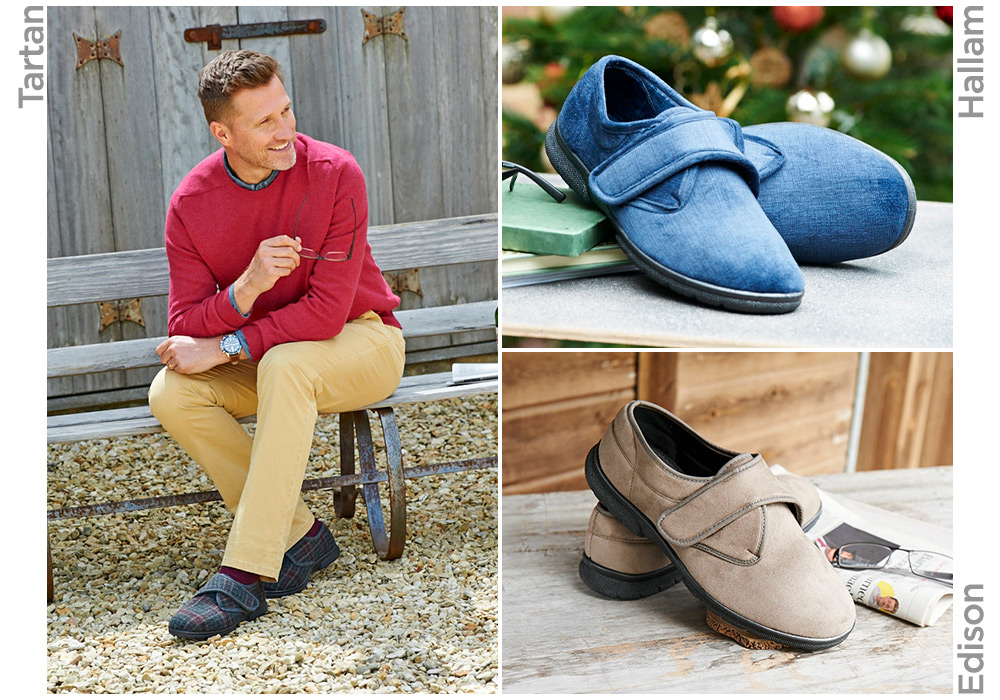 A trio of images one with a man crouching and two with a pair of strap slippers in each