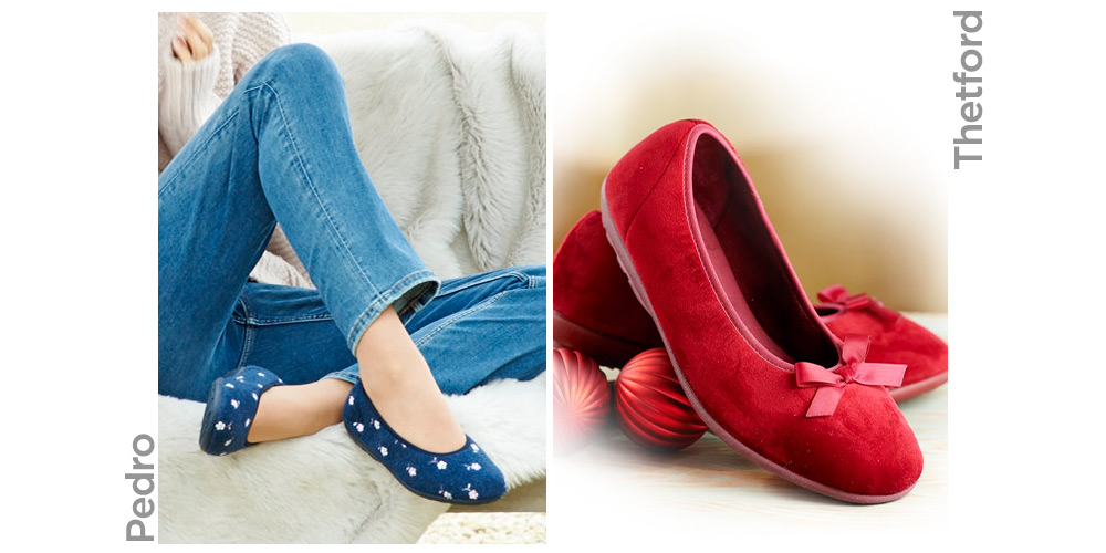 A woman wearing polka dots slippers and a pair of red slip on slippers